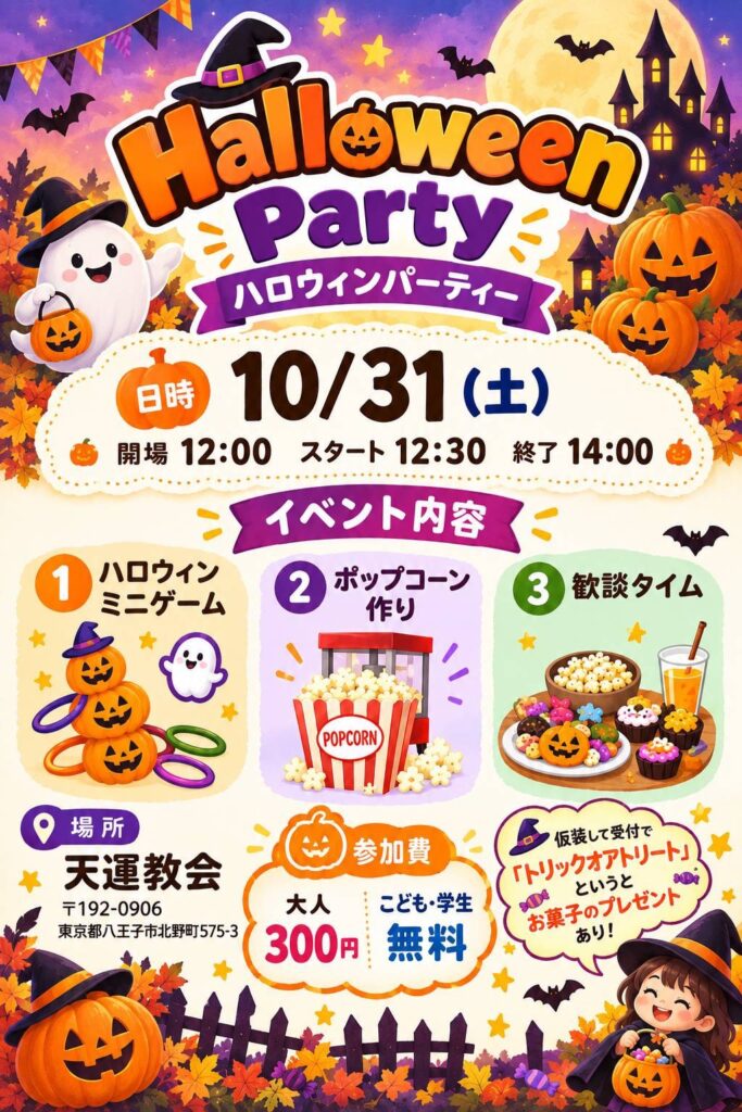 ハロウィンパーティーのチラシ（10月31日（土）12:00〜14:00、天運教会）